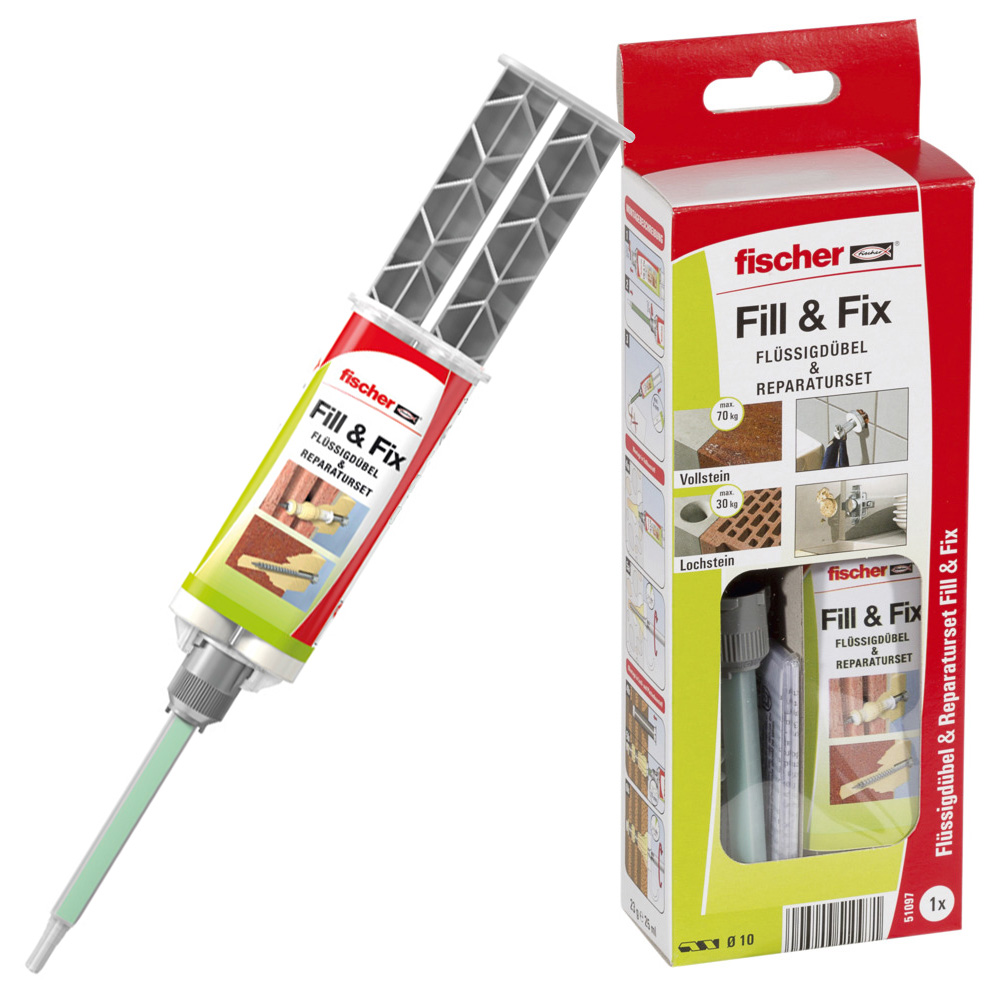 Fischer Fill & Fix Flüssigdübel Reparaturset Schrankscharnier Gardinenstange