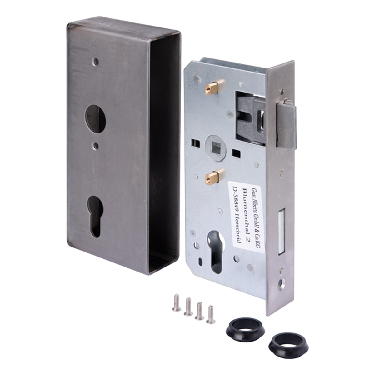 Alberts Schlosskasten mit verzinktem Schloss, 185 x 90 x 55 mm, Dornmaß 55 mm, Tiefe 40 mm, 1-tourig - 1 Stk. Alberts Schlosskasten mit verzinktem Schloss, 185 x 90 x 55 mm, Dornmaß 55 mm, Tiefe 40 mm, 1-tourig - 1 Stk.