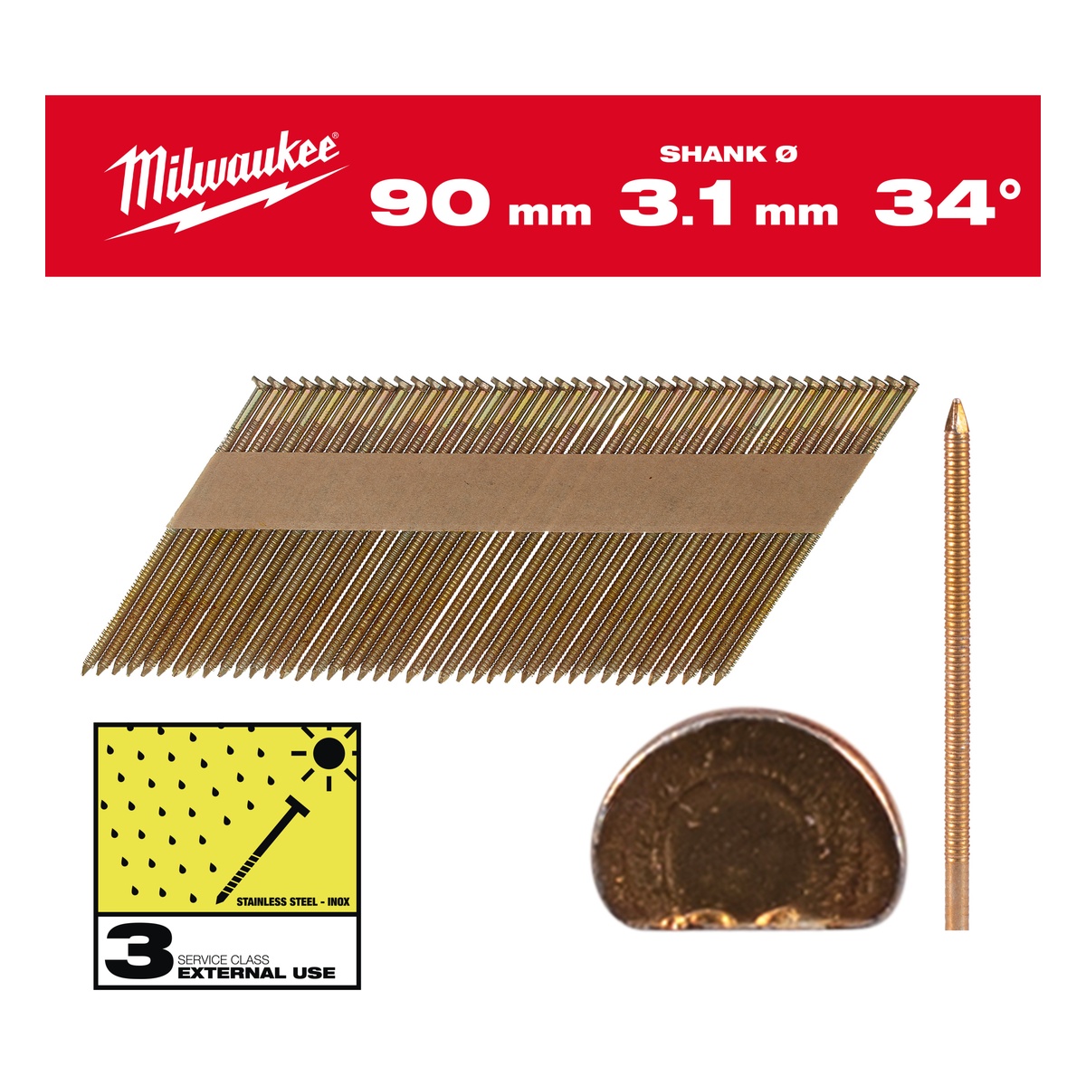 Milwaukee D-Kopf-Nägel für M18FFN 7,4 x 3,1 x 90 mm, Ringschaft feuerverzinkt, 34° - 2200 Stk.