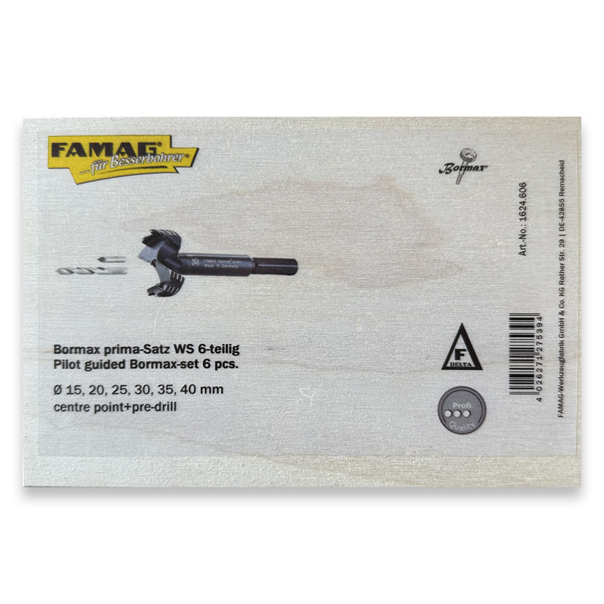 FAMAG Bormax WS prima Profi Set 15, 20, 25, 30, 35, 40 mm inkl. Zentrierspitze und Vorbohrer Ø 4 mm