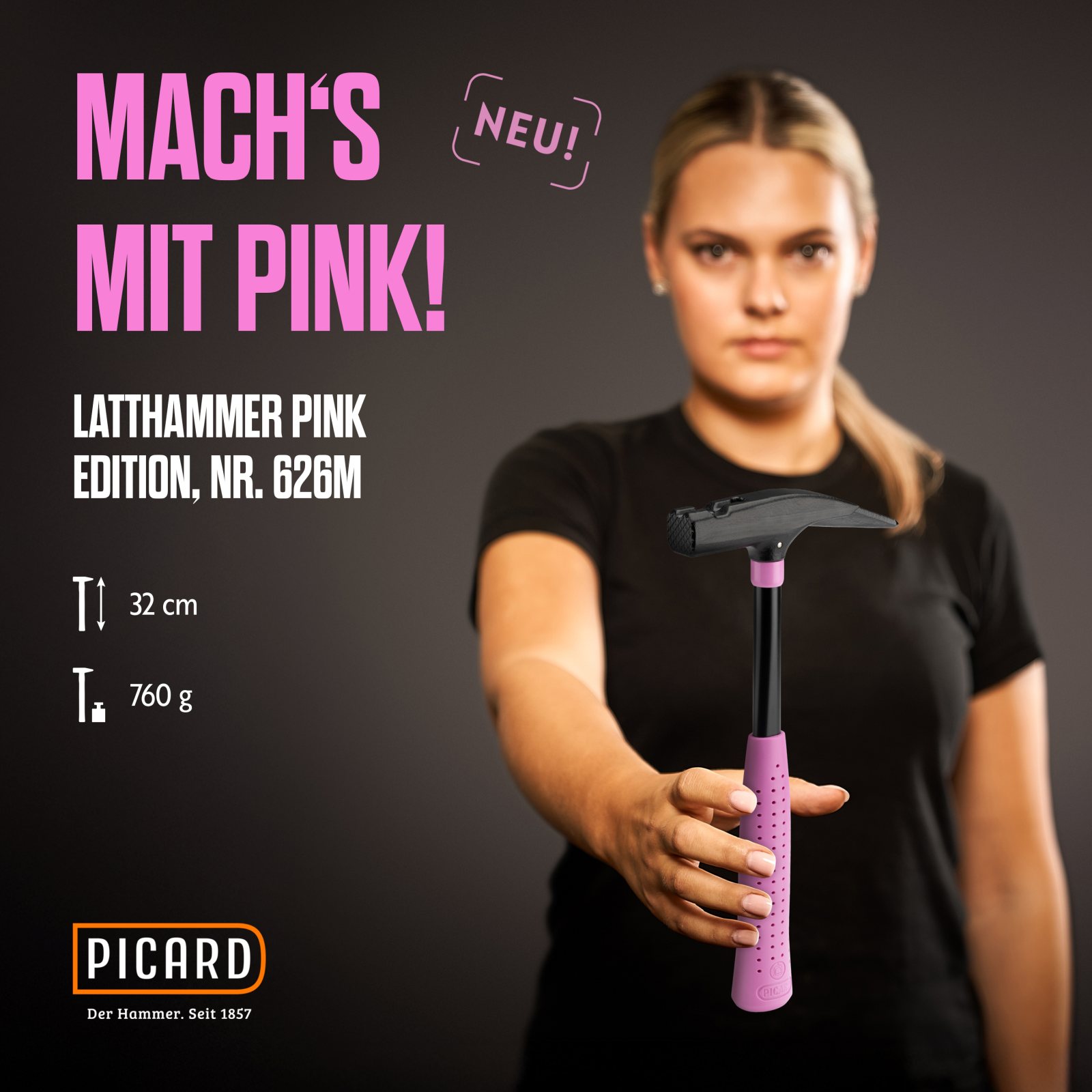 Picard Latthammer Nr. 626M Pink Edition, 600 g, geraute Bahn, Stahlrohrstiel, magnetischer Nagelhalter