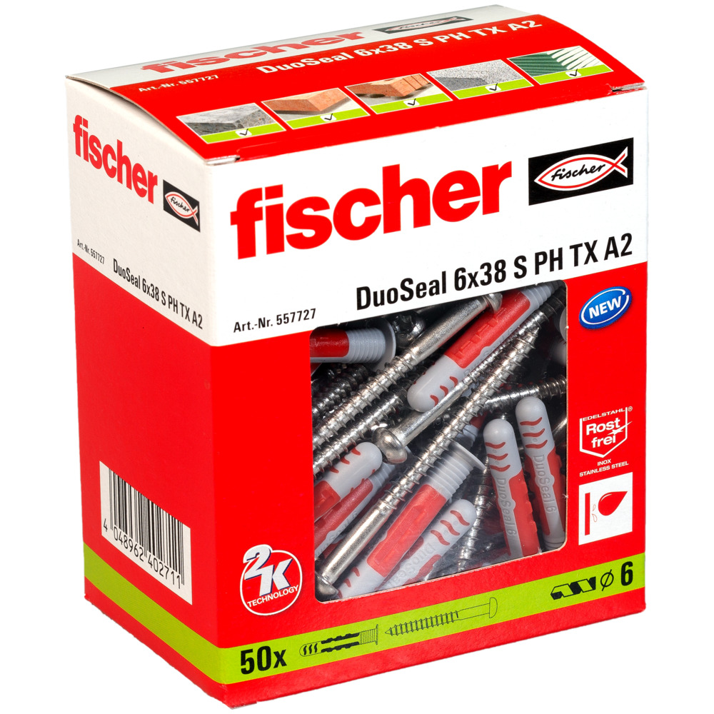 Fischer DuoSeal 6 x 38 S PH TX A2, Dübel - 50 Stk. Fischer DuoSeal 6 x 38 S PH TX A2, Dübel - 50 Stk.