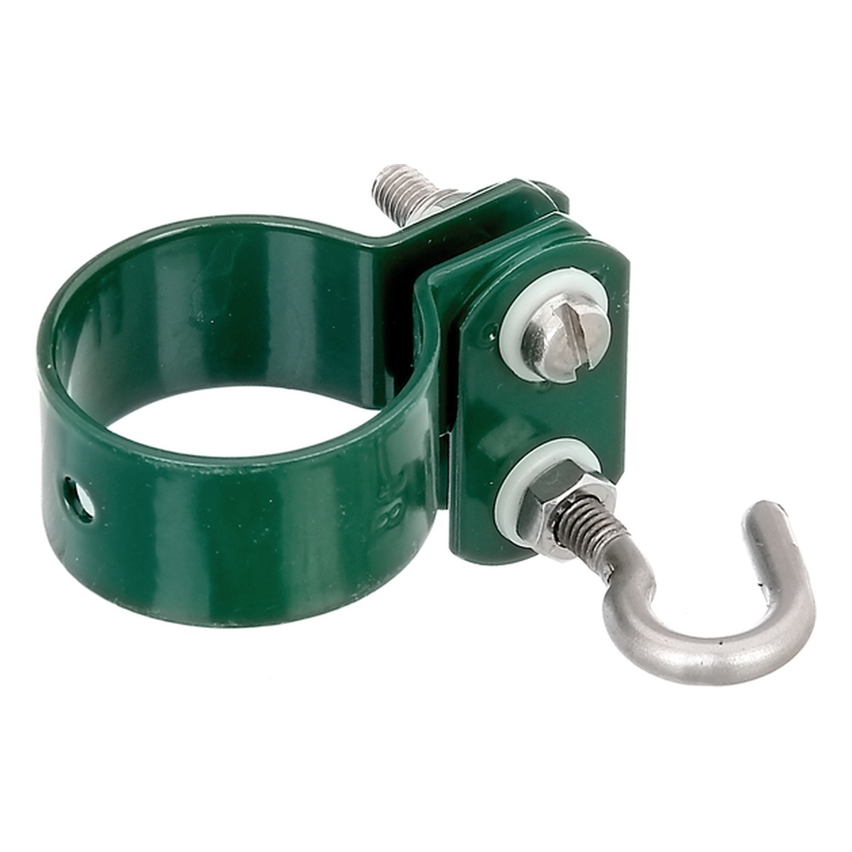 Alberts Schelle zur zweiseitigen Befestigung von Geflechtspannstäben, 21,8 x 63 x 86,5 mm, Schellen-Ø: 38 mm, Stahl roh, verzinkt grün kunststoffbeschichtet RAL 6005 - 1 Stk.