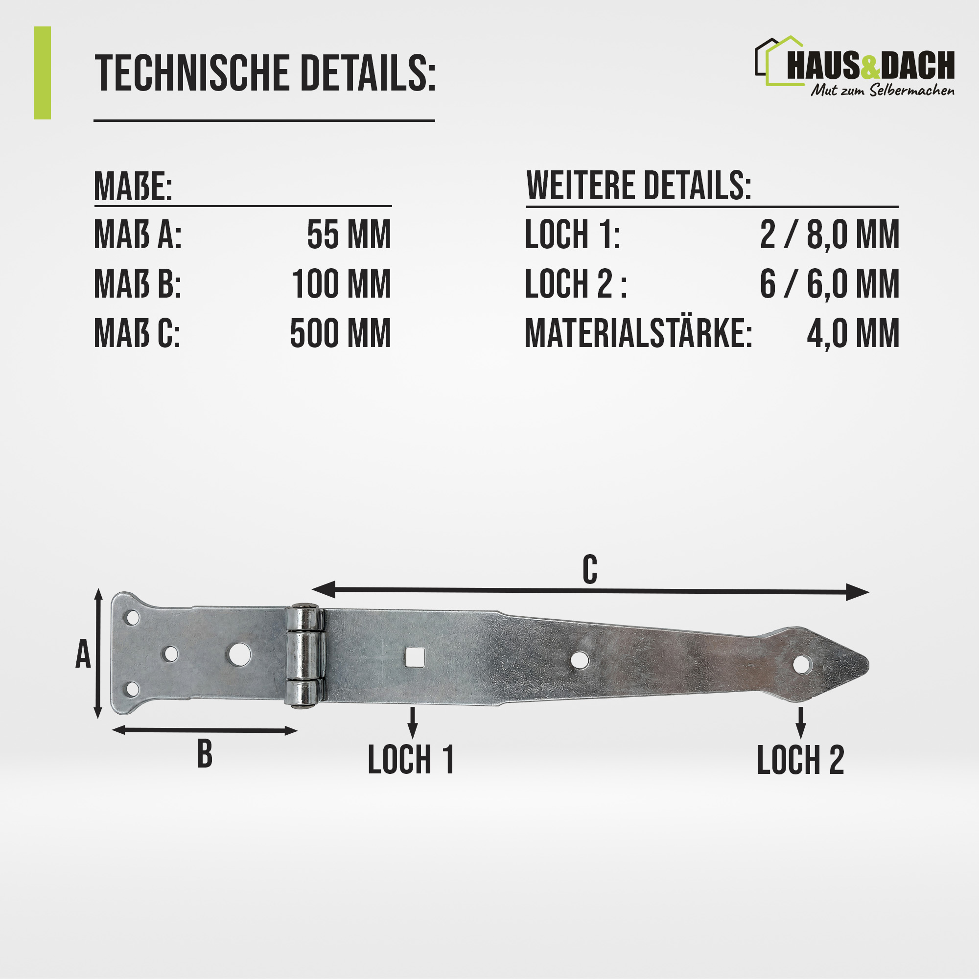 HAUS&DACH Werfgehänge Set 500 mm verzinkt - schweres Torband / Türband für Gartentor & Holztor