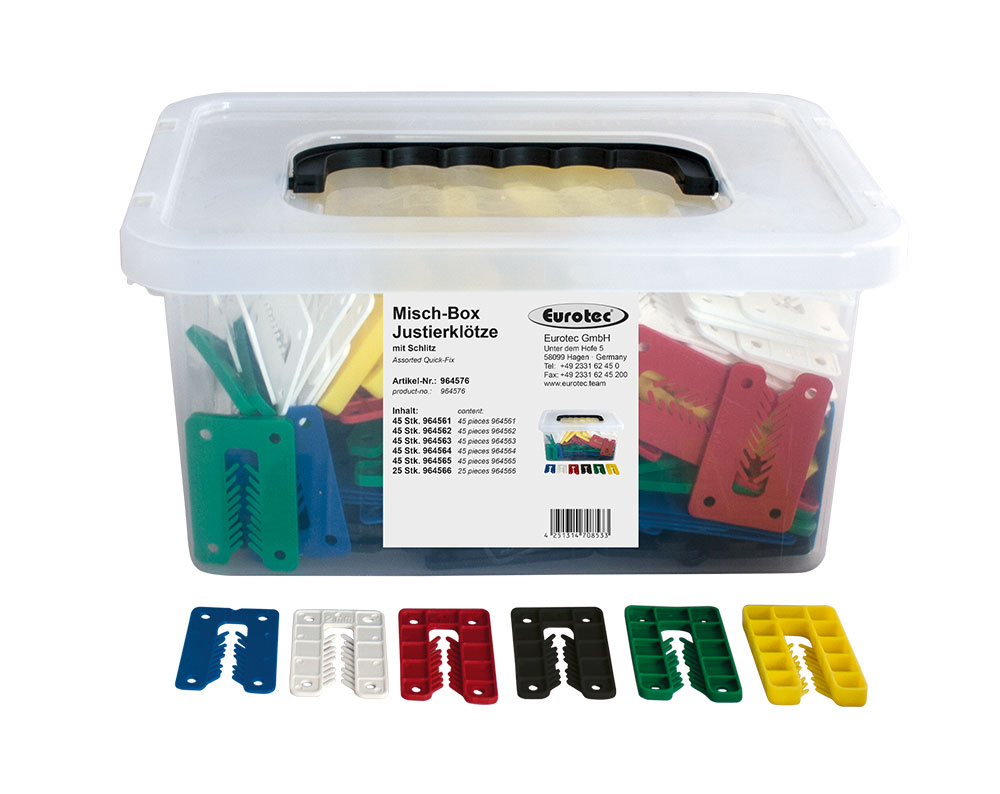 Eurotec Misch-Box Justierklötze mit Kerbe, VE= 250 Stk. Eurotec Misch-Box Justierklötze mit Kerbe, VE= 250 Stk.