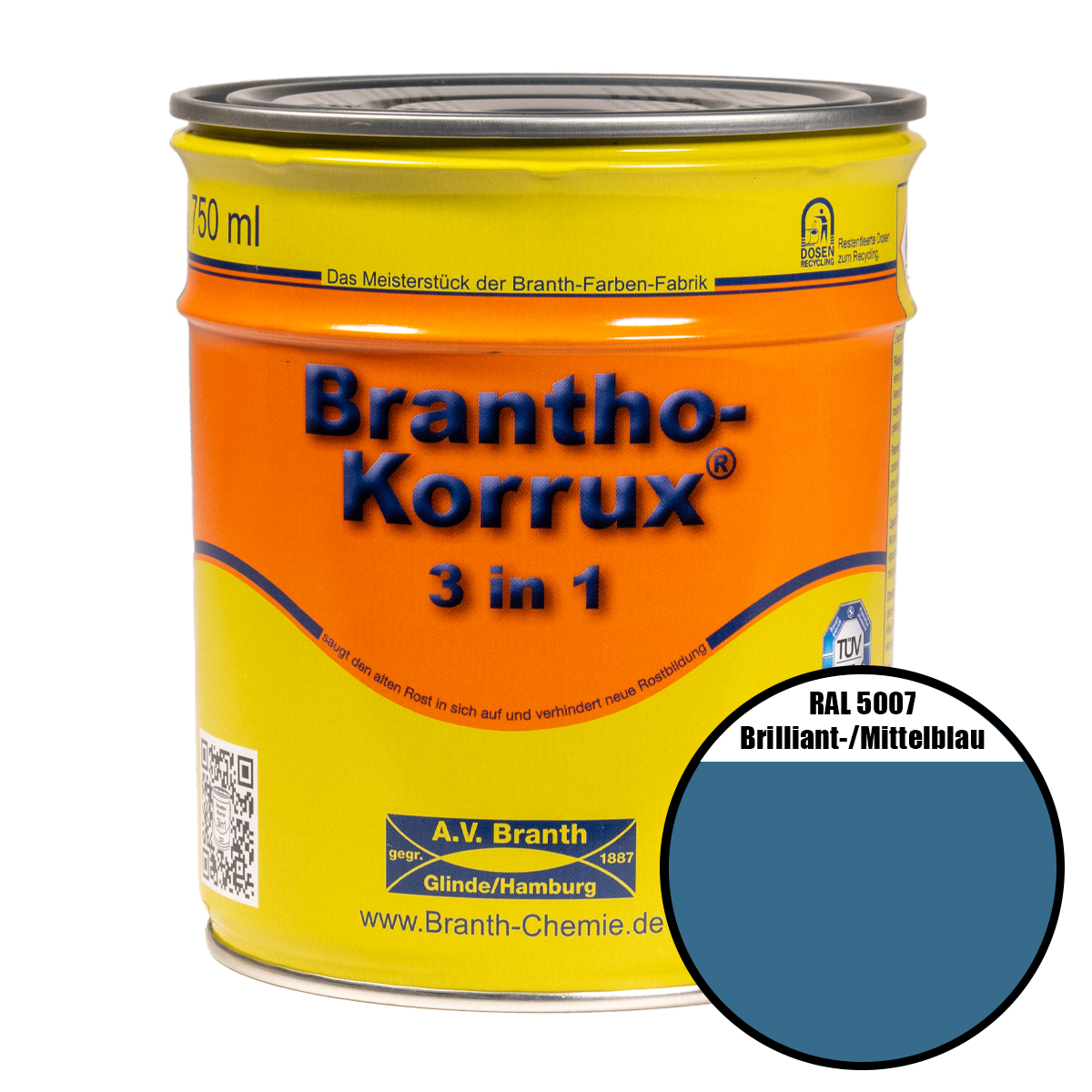 Brantho- Korrux "3 in 1" Metallschutzfarbe RAL 5007 brilliant-/mittelblau 0,75 l