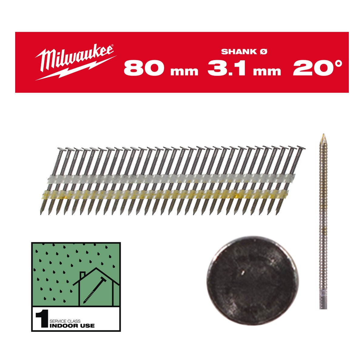Milwaukee Rundkopf-Nägel für M18FFN21 7,4 x 3,1 x 80 mm, Ringschaft Stahl blank, 20° - 1750 Stk.
