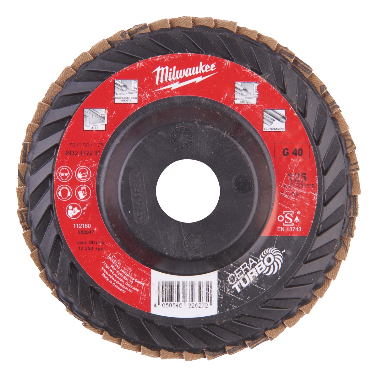 Milwaukee Fächerschleifscheibe 125 mm, Körnung 40, CERA TURBO, Keramikkorn, für Stahl und Edelstahl
