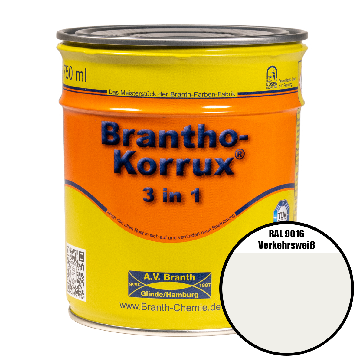 Brantho- Korrux "3 in 1" Metallschutzfarbe RAL 9016 verkehrsweiß 0,75 l