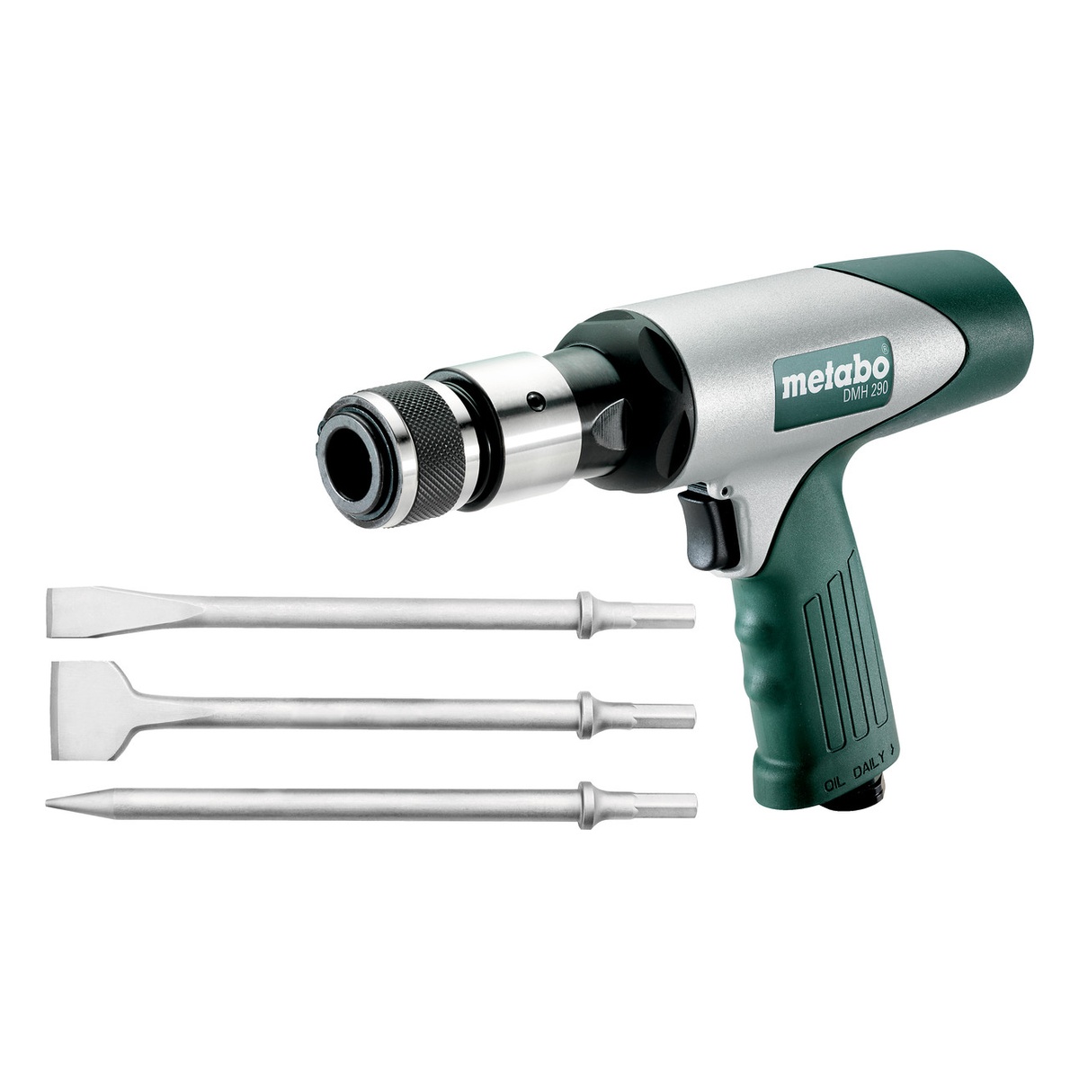Metabo Druckluft-Meißelhammer DMH 290 Set, Sechskant 10 mm, 2.900 Schläge/min, mit 3 Meißeln im Koffer