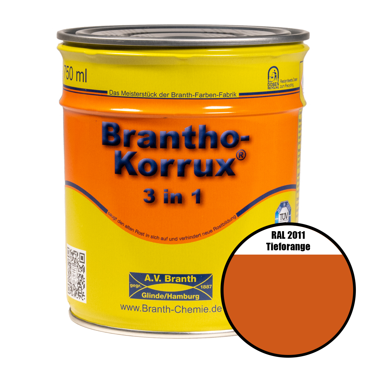 Brantho- Korrux "3 in 1" Metallschutzfarbe RAL 2011 tieforange 0,75 l Brantho- Korrux "3 in 1" Metallschutzfarbe RAL 2011 tieforange 0,75 l