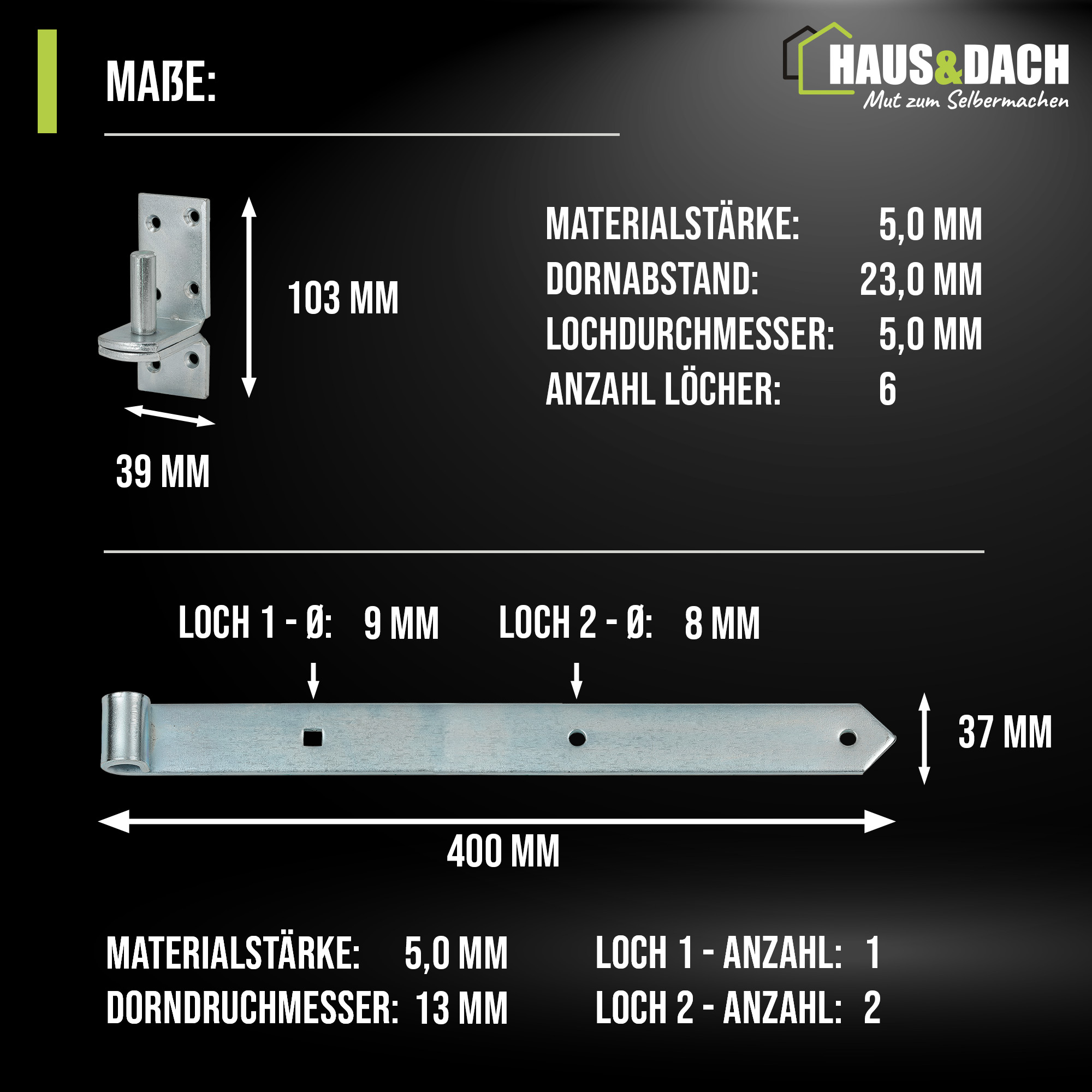 HAUS&DACH Ladenband Set 400 mm blau verzinkt - Torband / Türband für Gartentor & Holztor inkl. Kloben zum Anschrauben Ø 13 mm weit