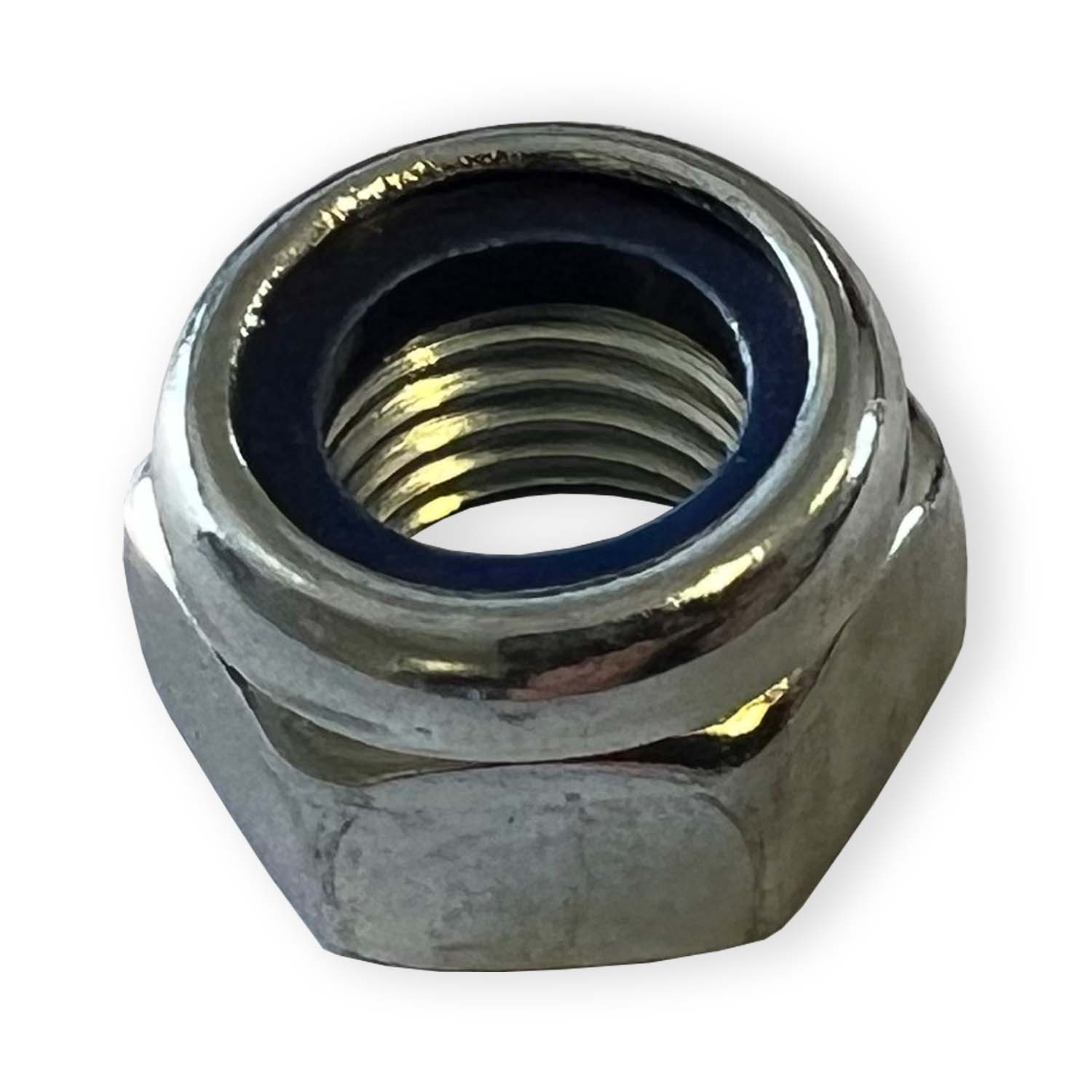 Sechskantmutter M12 DIN 985 Stahl 10, galvanisch verzinkt, mit Klemmteil, mit nichtmetallischem Einsatz, niedrige Form Sechskantmutter M12 DIN 985 Stahl 10, galvanisch verzinkt, mit Klemmteil, mit nichtmetallischem Einsatz, niedrige Form