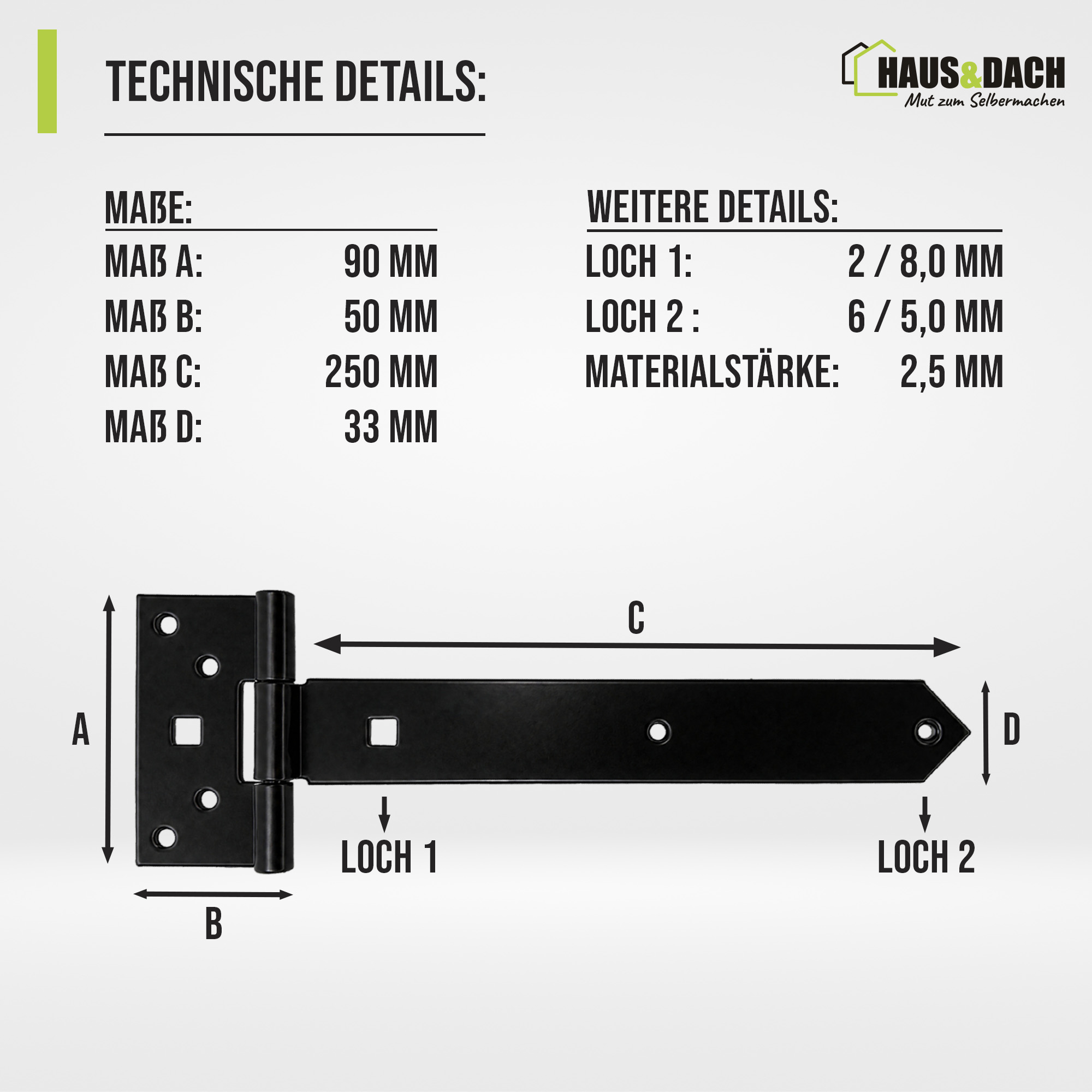 HAUS&DACH Kreuzgehänge Set 250 mm schwarz verzinkt - leichtes Torband / Türband für Gartentor & Holztor
