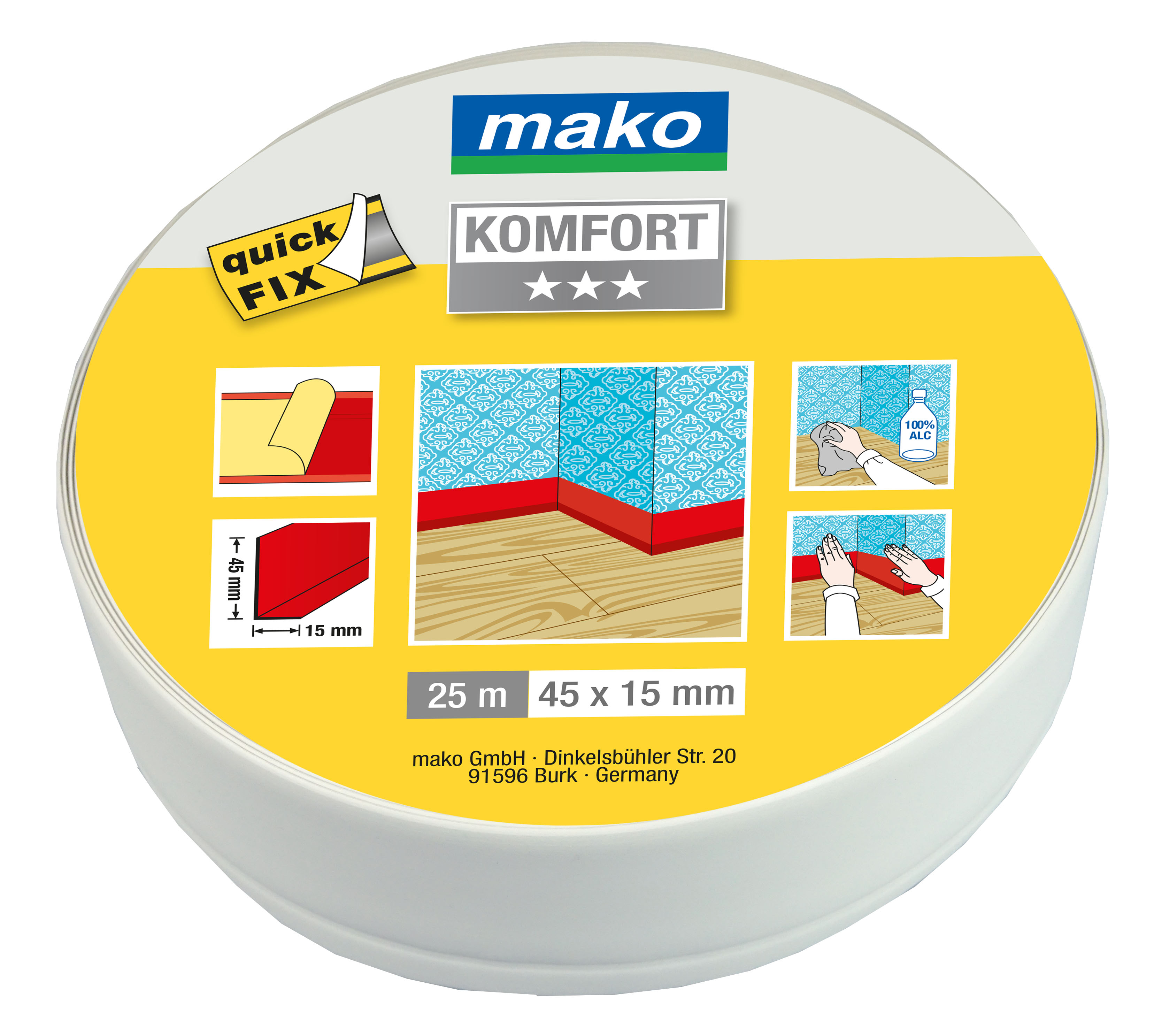 Mako Weich-Sockelleiste selbstklebend, 45 x 15 mm, 25 m, cremeweiß Mako Weich-Sockelleiste selbstklebend, 45 x 15 mm, 25 m, cremeweiß