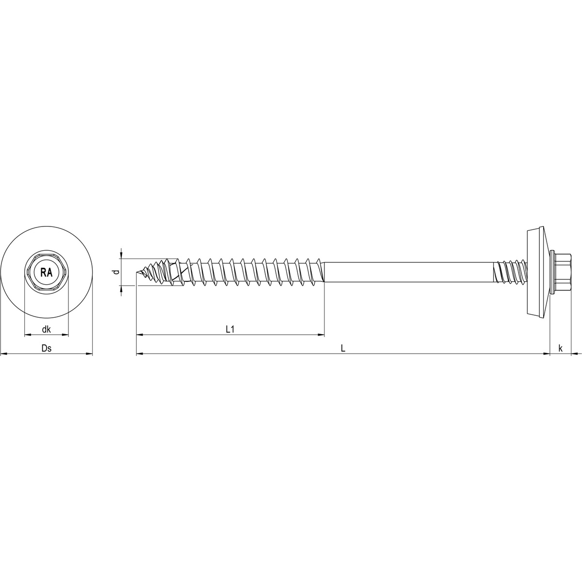 RP-TD-P Sandwich-Bohrschraube, Sechskantkopf mit angepresster Scheibe, 6,5 x 150 mm, Teilgewinde (L1), SW 8, E22, Bimetall (Edelstahl A2/Stahl), RUSPERT®, ETA-18/1136, 100 Stk.