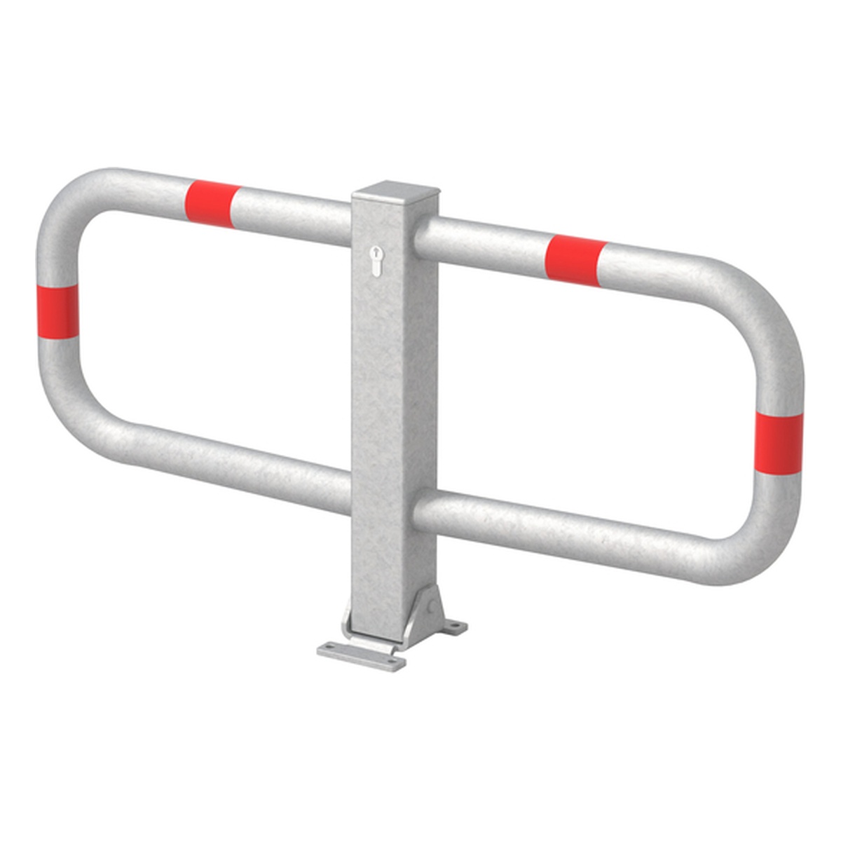 Alberts Parkplatzbügel Stoppy I, umlegbar, 160 x 950 x 500 mm, Bodenplatte: 160 x 100 mm, Stahl roh, feuerverzinkt passiviert mit vier roten, reflektierenden Ringen, zum Aufschrauben, gleichschließendes Profilzylinderschloss mit drei Schlüsseln - 1 Stk.