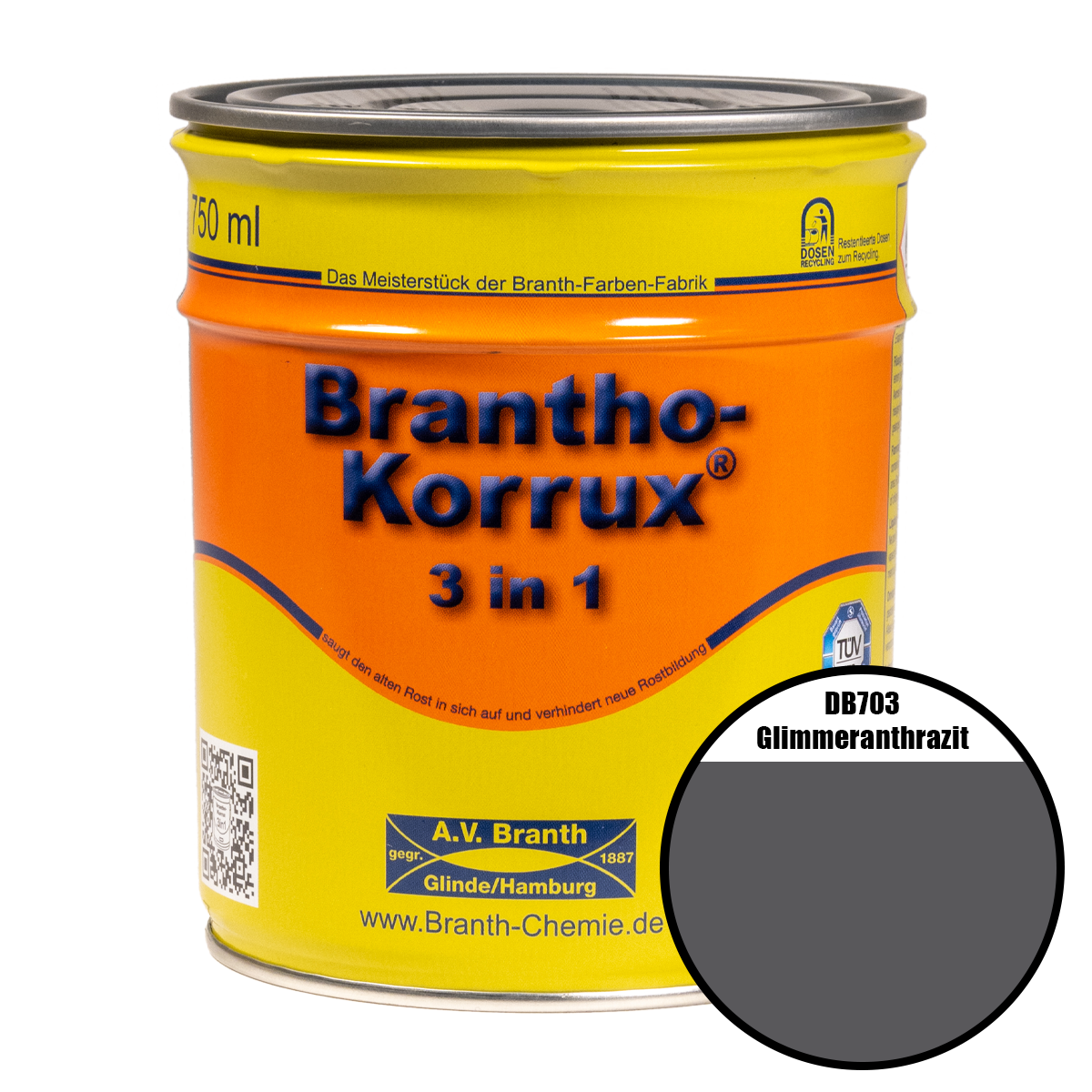 Brantho- Korrux "3 in 1" Metallschutzfarbe DB703 glimmeranthrazit 0,75 l Brantho- Korrux "3 in 1" Metallschutzfarbe DB703 glimmeranthrazit 0,75 l