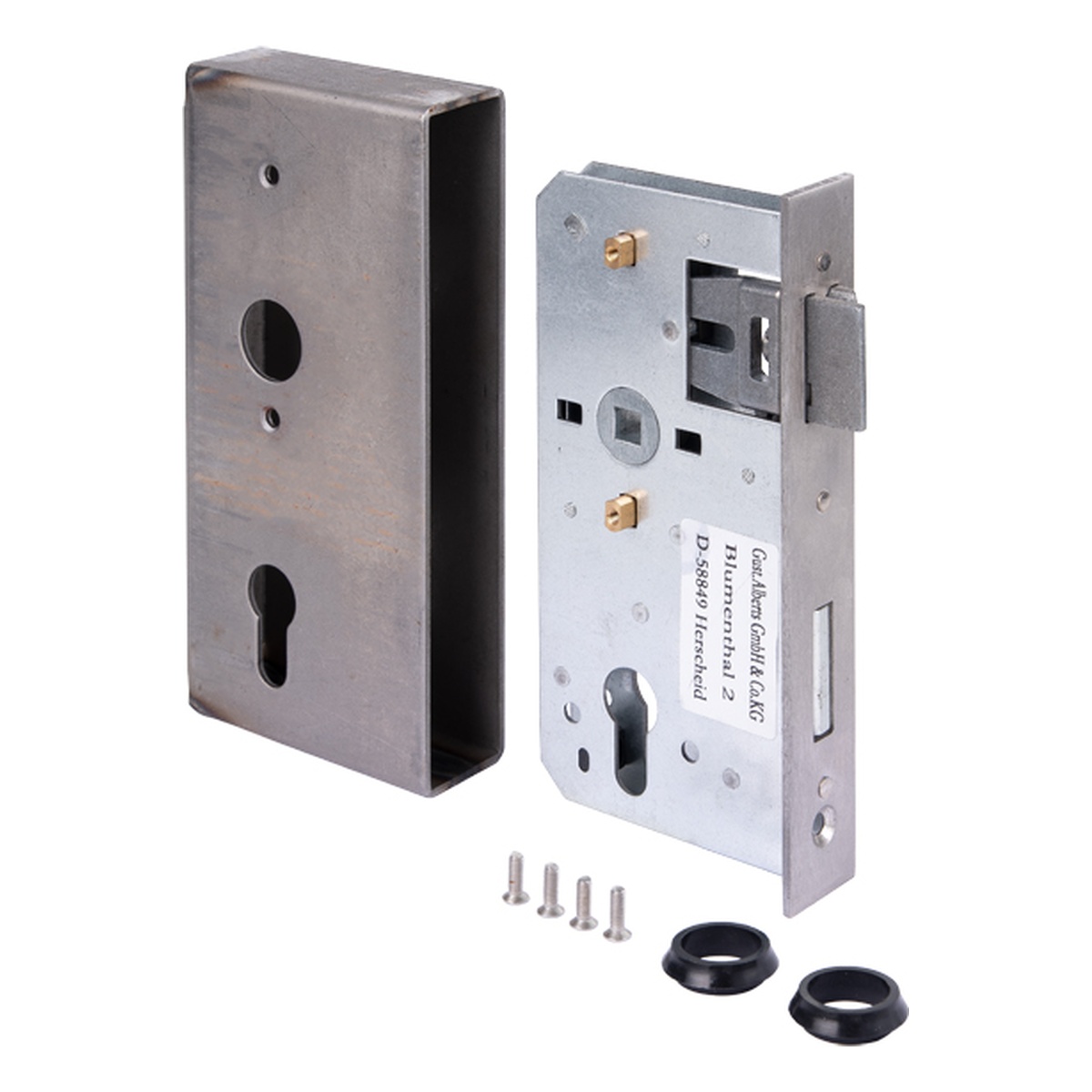 Alberts Schlosskasten mit verzinktem Schloss, 185 x 90 x 55 mm, Dornmaß 55 mm, Tiefe 34 mm - 1 Stk. Alberts Schlosskasten mit verzinktem Schloss, 185 x 90 x 55 mm, Dornmaß 55 mm, Tiefe 34 mm - 1 Stk.