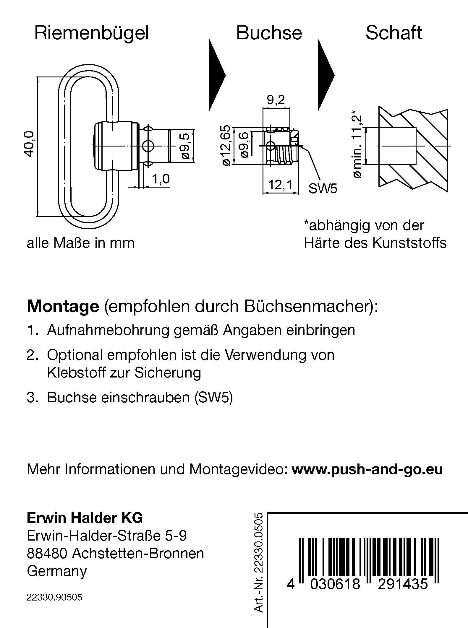 Halder breiter Riemenbügel mit 9,5 mm Buchse für Kunststoff, arretierbar