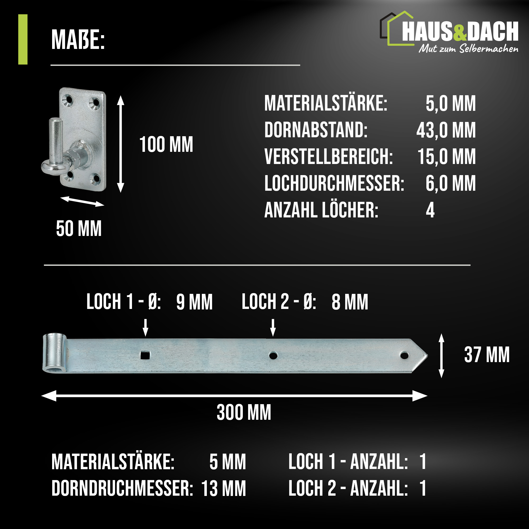 HAUS&DACH Ladenband Set 300 mm blau verzinkt - Torband / Türband für Gartentor & Holztor inkl. Kloben zum Anschrauben Ø 13 mm verstellbar