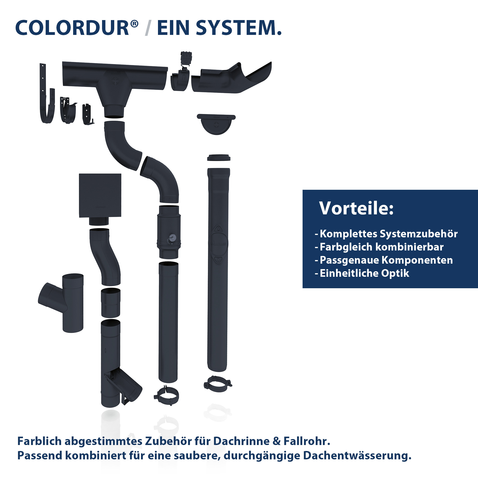Zambelli Wasserfangkasten quadratisch Ø 100 mm, Anthrazit RAL 7016, COLORDUR, Ablauf exzentrisch - 1 Stk.