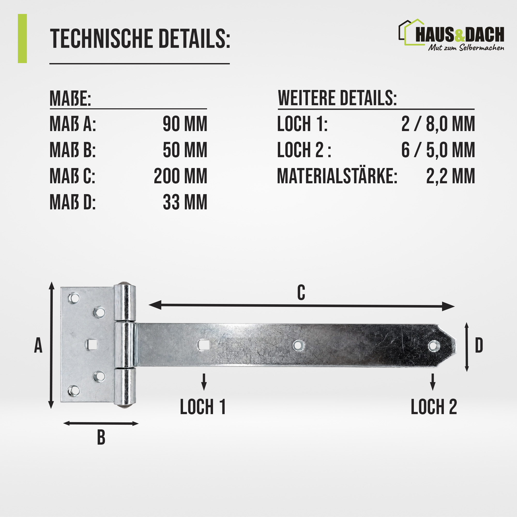 HAUS&DACH Kreuzgehänge Set 200 mm verzinkt - leichtes Torband / Türband für Gartentor & Holztor
