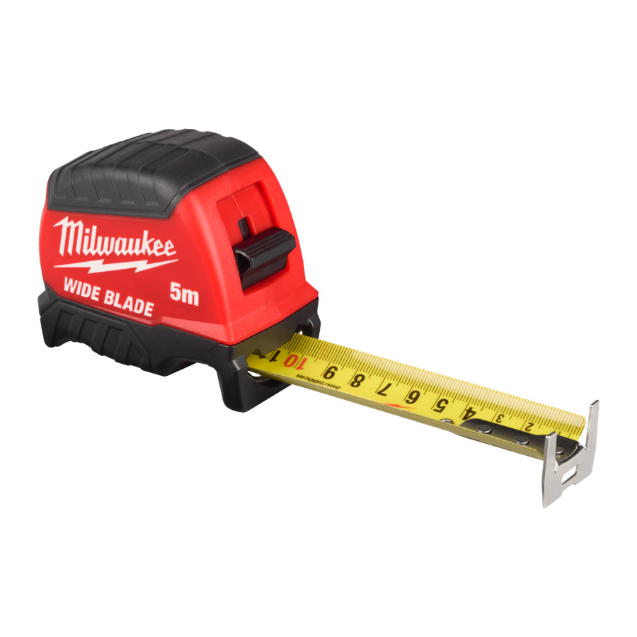 Milwaukee Bandmaß Premium Breit, 5 m, 35 mm Bandbreite, Nylon-Schutzschicht, selbsttragend bis 5 m, Klasse II