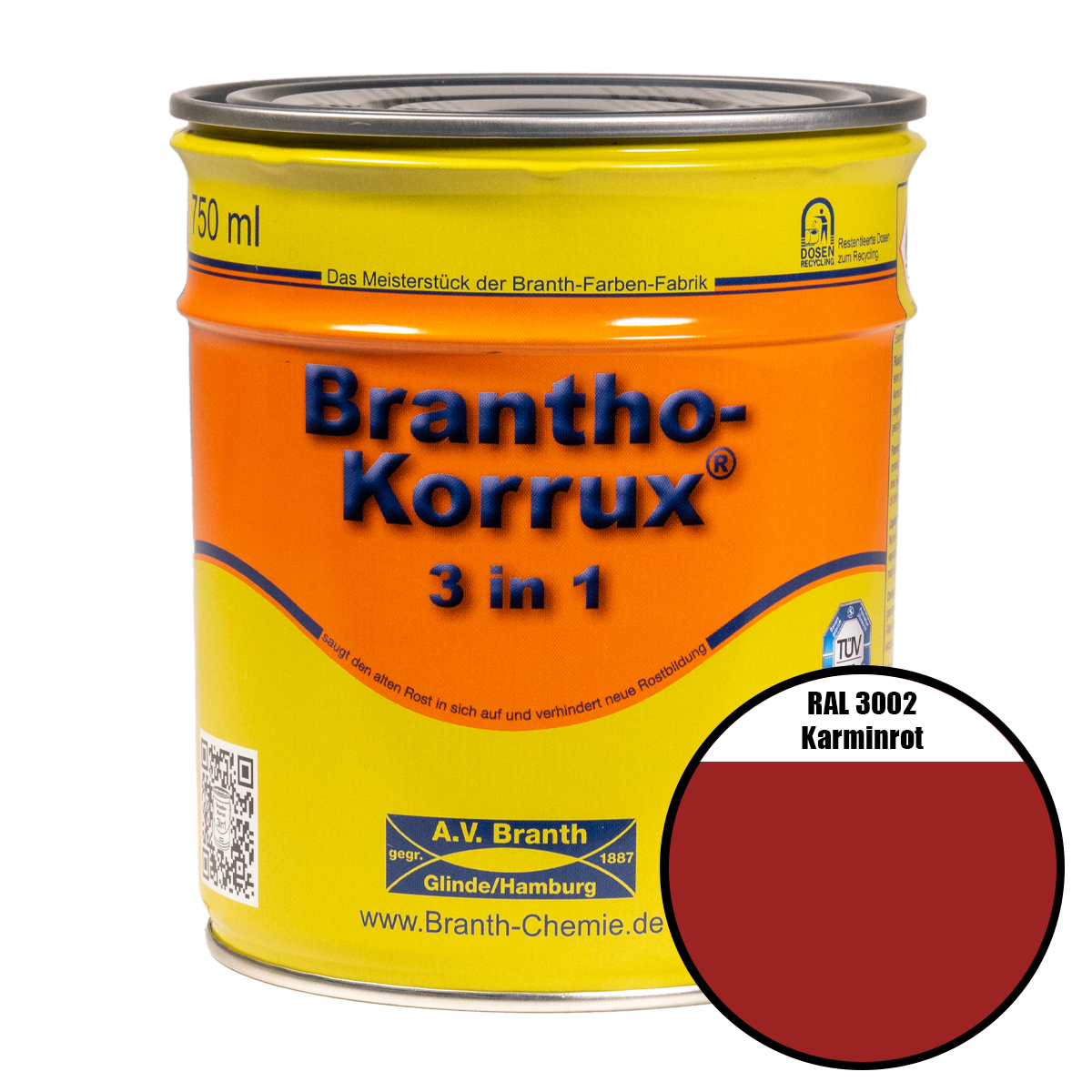 Brantho- Korrux "3 in 1" Metallschutzfarbe RAL 3002 karminrot 0,75 l Brantho- Korrux "3 in 1" Metallschutzfarbe RAL 3002 karminrot 0,75 l