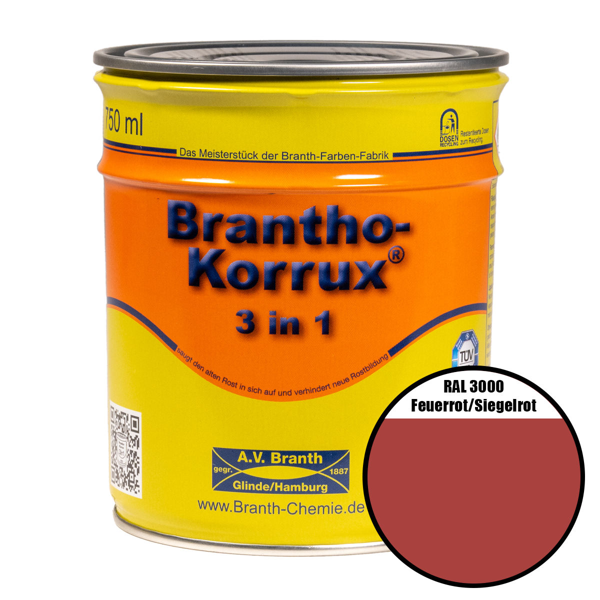 Brantho- Korrux "3 in 1" Metallschutzfarbe RAL 3000 feuerrot/siegelrot 0,75 l Brantho- Korrux "3 in 1" Metallschutzfarbe RAL 3000 feuerrot/siegelrot 0,75 l